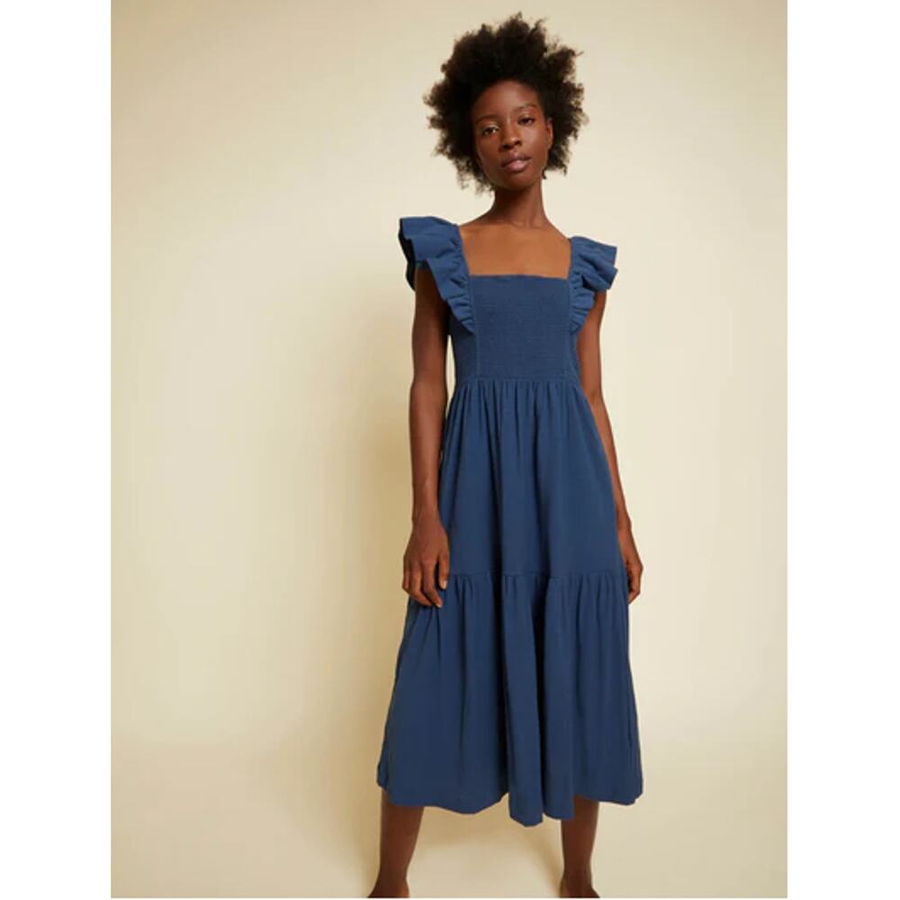 Nation LTD Gwen Smocked Midi Dress Sz M Tiered Ruffled Cotton French Navy Blue